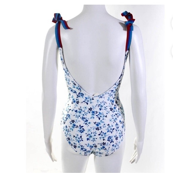 Shoshanna Floral Deep V Tie Strap One Piece Swimsuit White Blue 0 - Picture 2 of 15